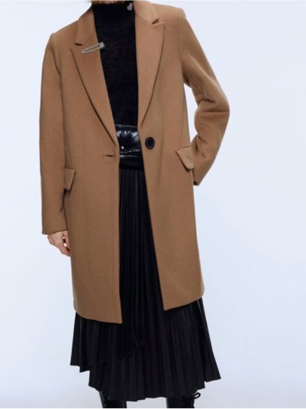 Zara Camel Single-Button Wool-Blend Coat